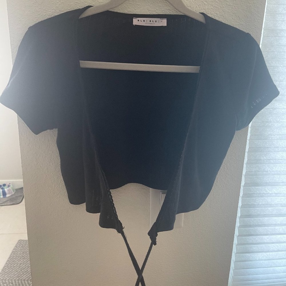 Blue Blush Boutique short sleeve wrap around tie top in slightly sheer black